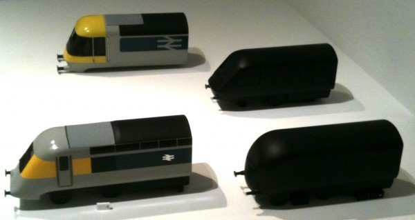 Photo of prototype models for British Rail's High Speed Train for which Grange designed the body shape and livery